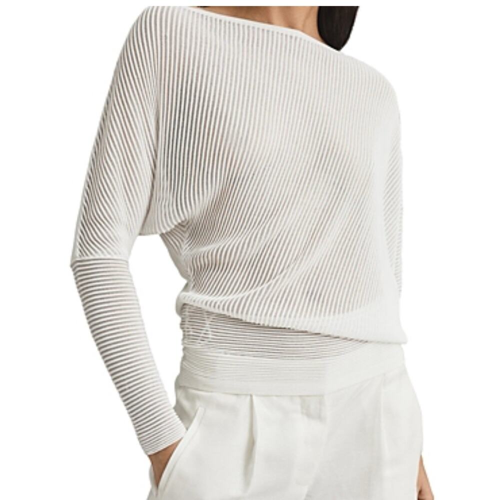 Reiss White Ribbed Boatneck Long-Sleeve Top